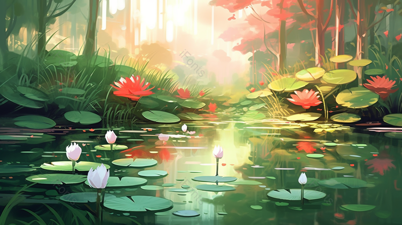 映日荷花红写实绿色插画背景节气海报,插画/手绘图,插画/手绘图库,插画/手绘图下载,插画/手绘